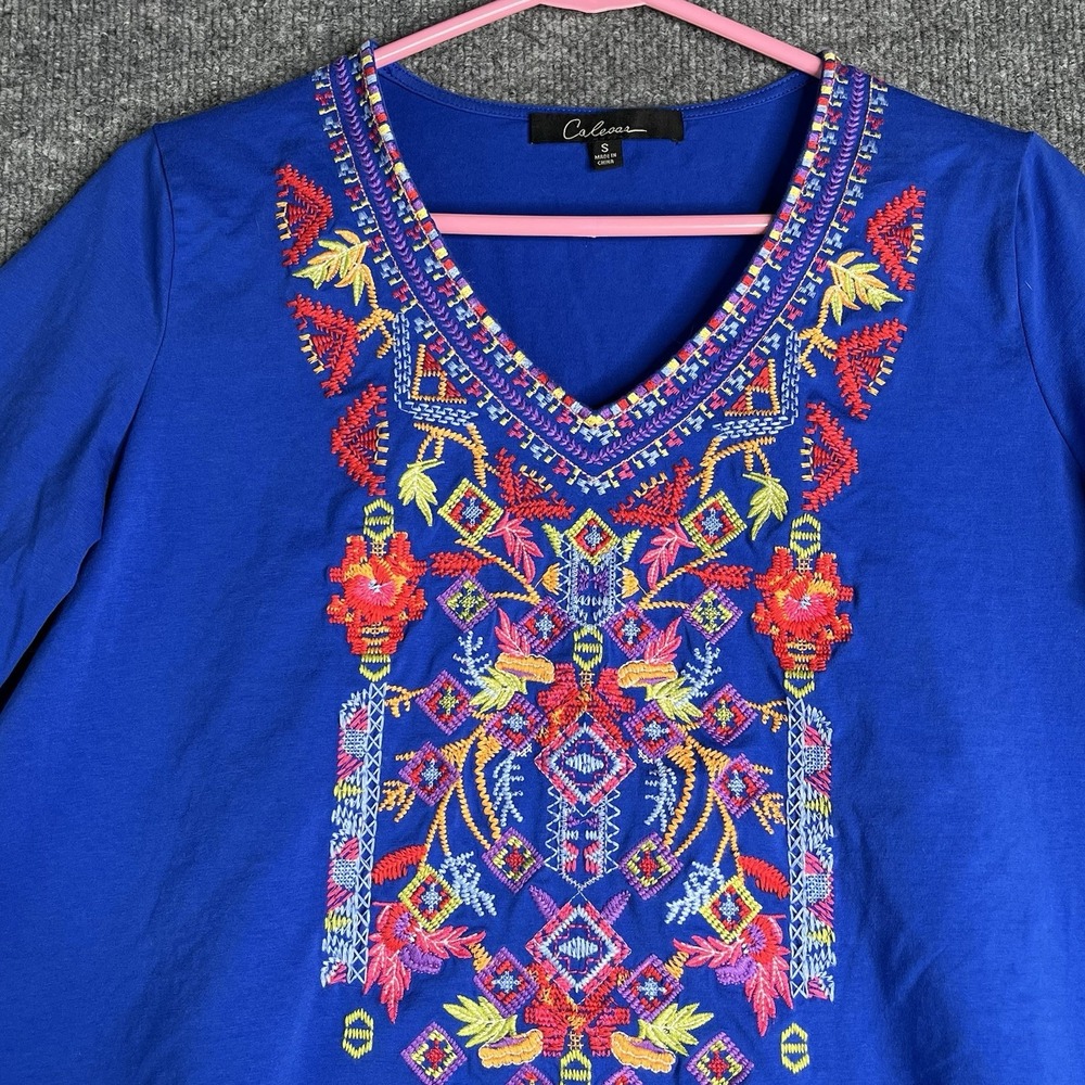 Calessa Embroidered Tunic‎ Top Women Small Blue Boho 3/4 Sleeve - Picture 2 of 7